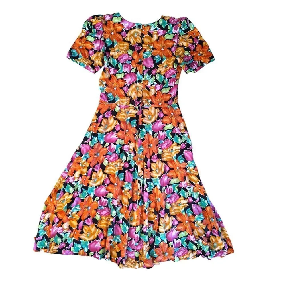 VTG 80s Bright Floral V Waist Midi Dress SZ 12 *Fits like Med Gardencore‎